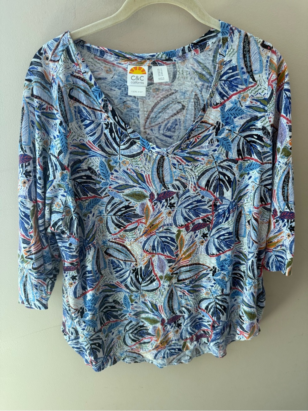 C&C California  100% Linen palm print 3/4 Sleeve Tee T-shirt size 1X